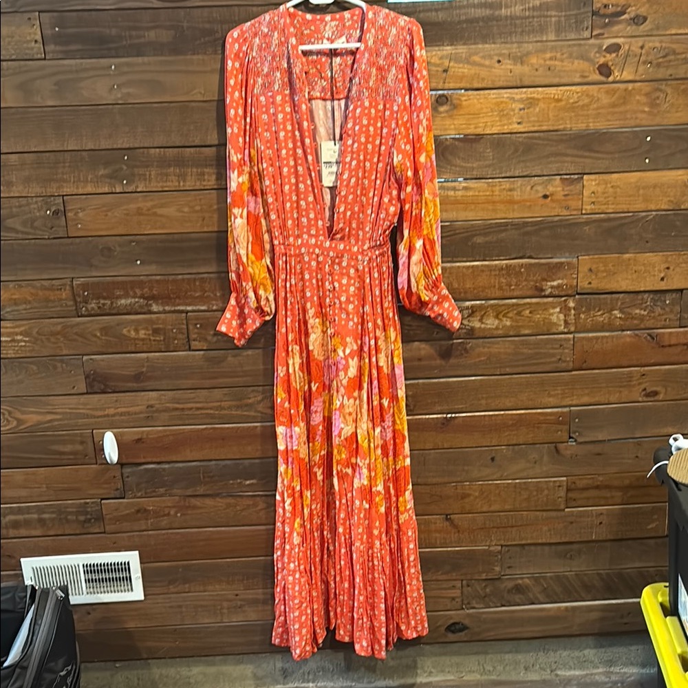 Spell Orange Red Pleated Tiered Maxi Dress